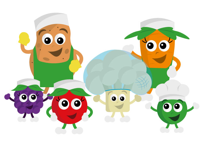 Several illustrated food themed cartoon characters as mascots for the Good Lookin Cookin brand