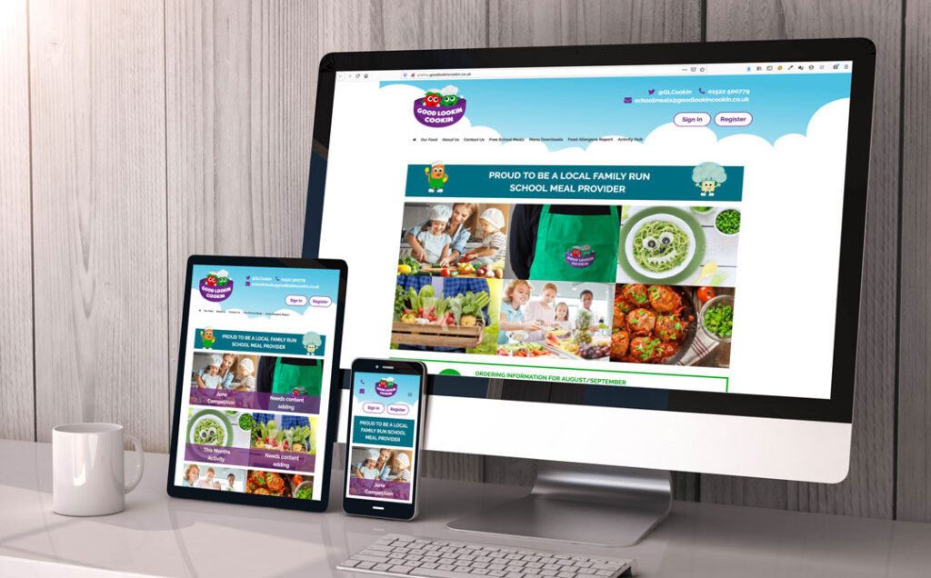 An iMac, Tablet and Phone showing the Good Lookin Cookin website