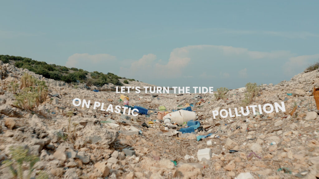 A beach littered with plastic pollution 