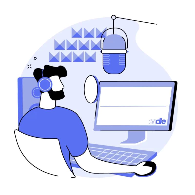 A cartoon animation of a man speaking into a microphone 
