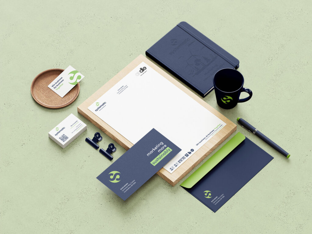 Graphic of the full suite of branding and marketing materials for Systematic