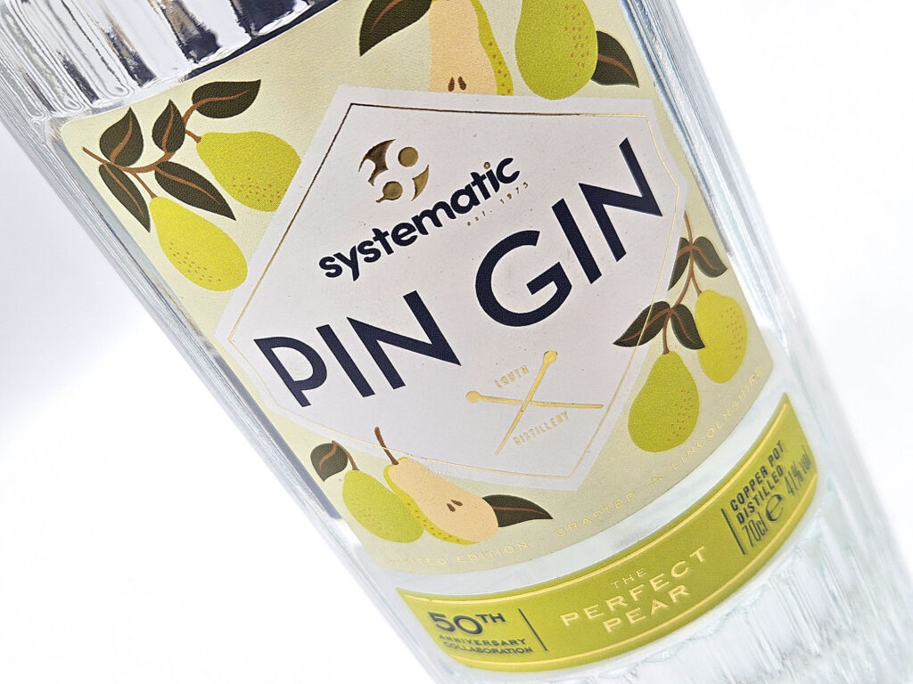 Systematic limited edition Pin Gin bottle of Gin showing their 50th year branding 