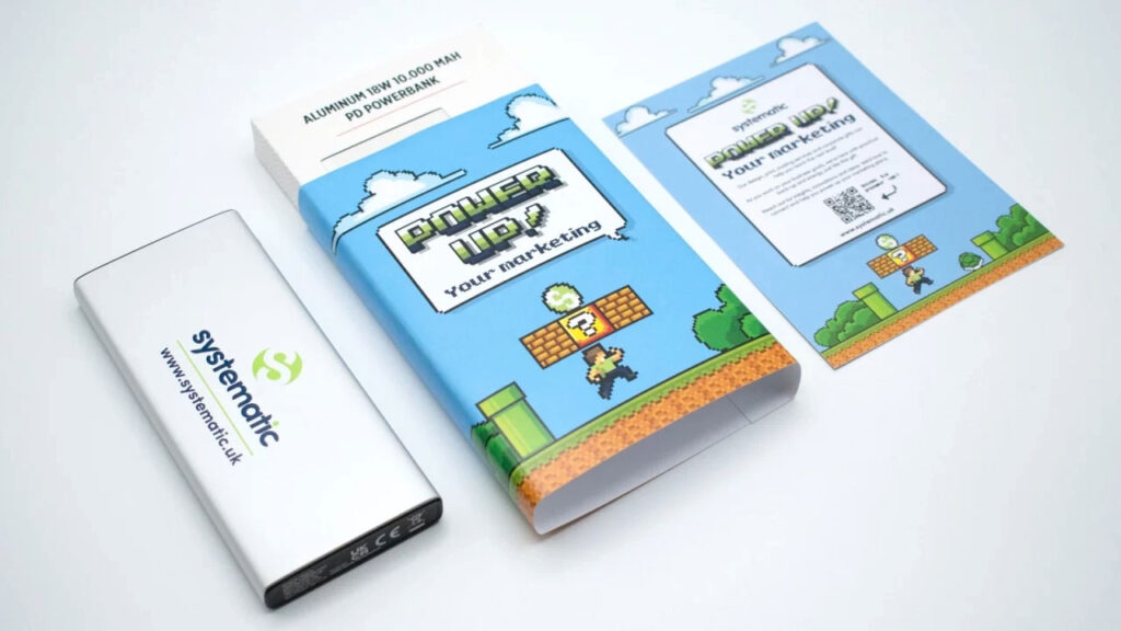 Wrap for a Systematic rechargeable powerbank and a leaflet insert