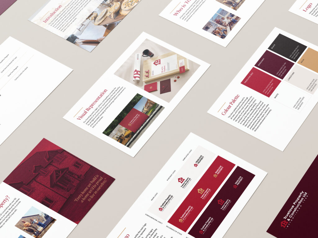 Brand guidelines pages laid out flat