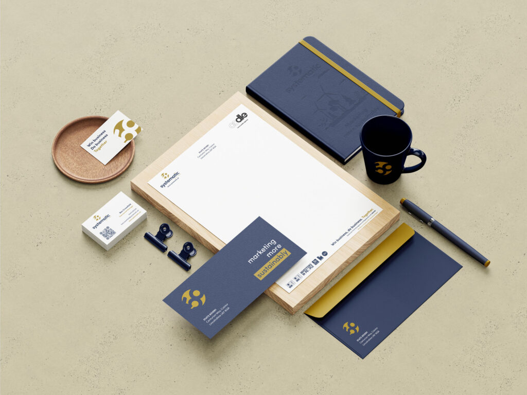 Graphic of the full suite of branding and marketing materials for Systematic showing their 50th year branding
