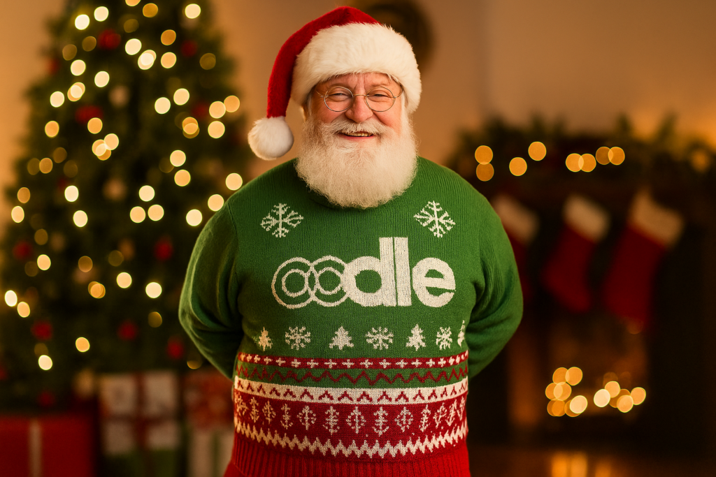 Santa Claus wearing a Christmas jumper with the oodle logo on it