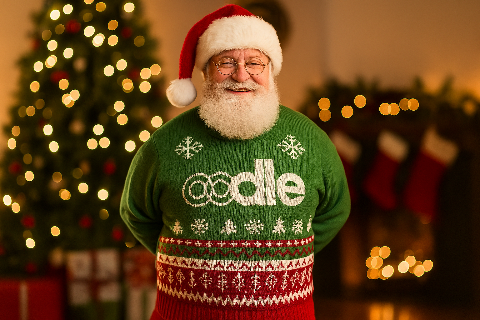 Santa Claus wearing a Christmas jumper with the oodle logo on it