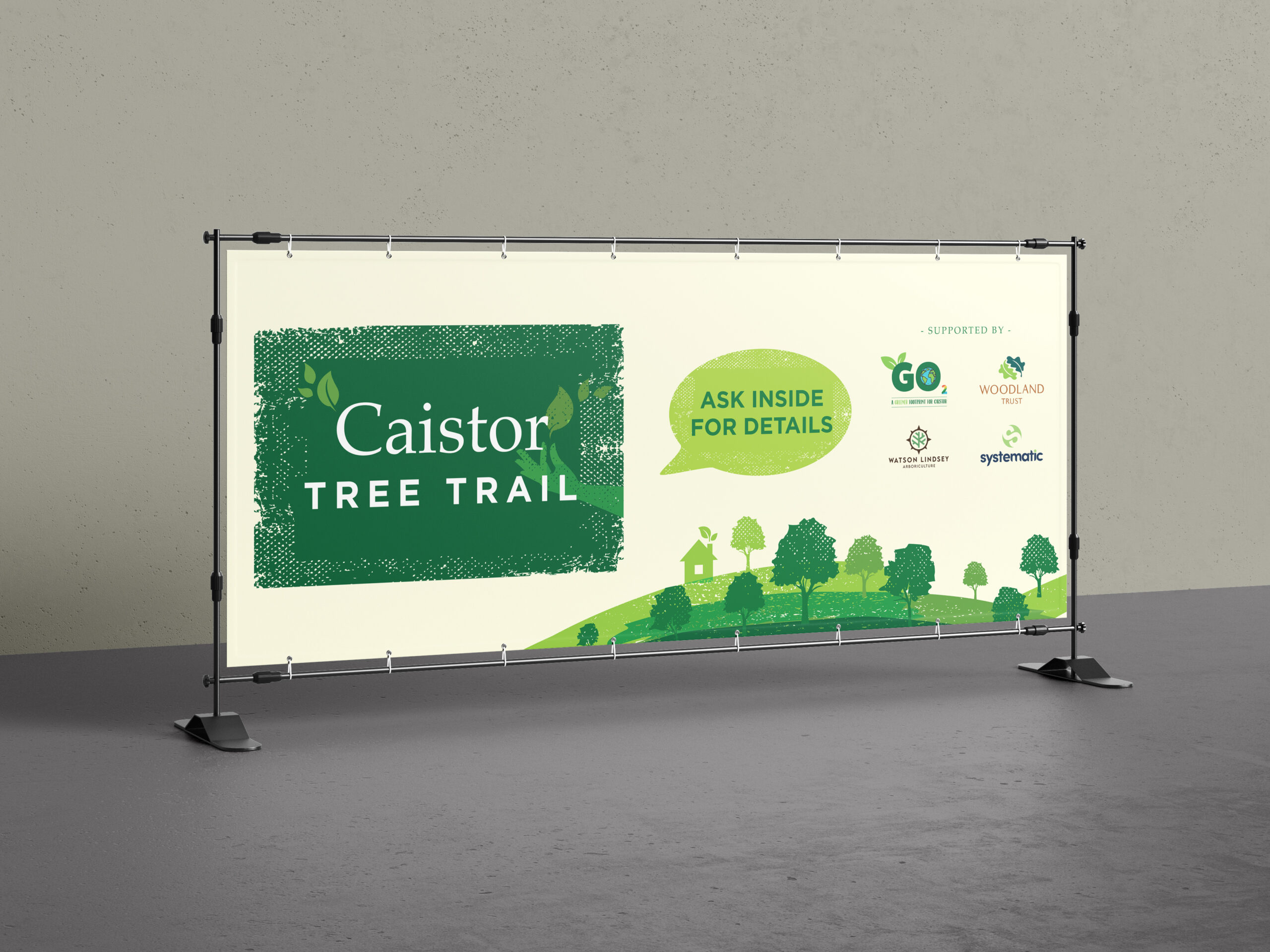 Caistor Tree Trail event banner on a neutral background, featuring green woodland graphics and promotional messaging. Designed to raise awareness of local tourism, nature trails, and community outdoor activities in Caistor.