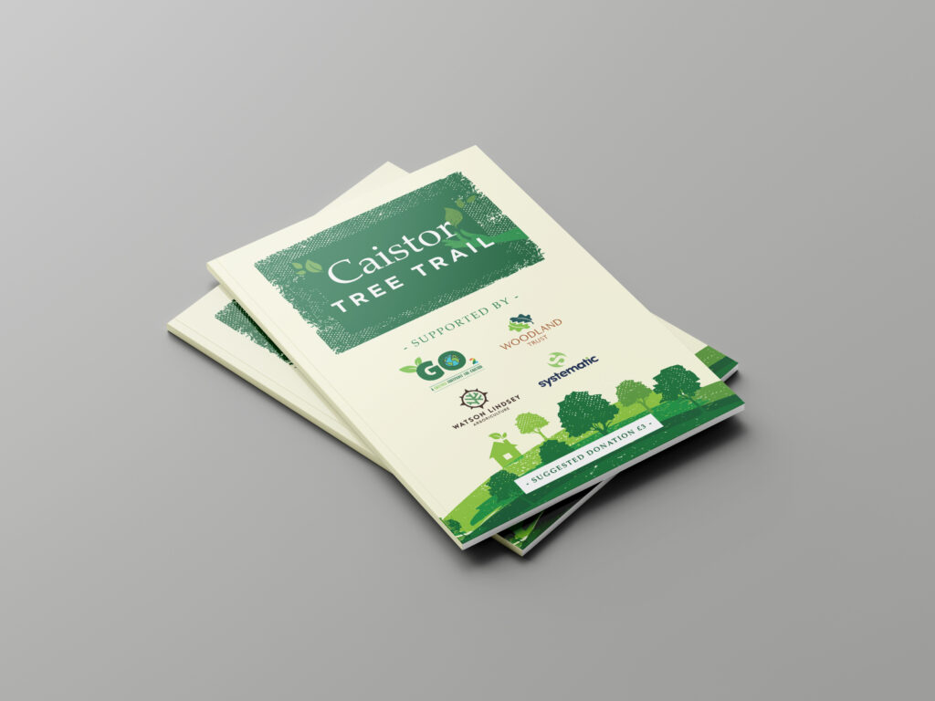 Caistor Tree Trail booklet on a grey background, featuring a cream cover with green accents and tree illustrations. Designed to promote local tourism, nature trails, and community engagement in Caistor.