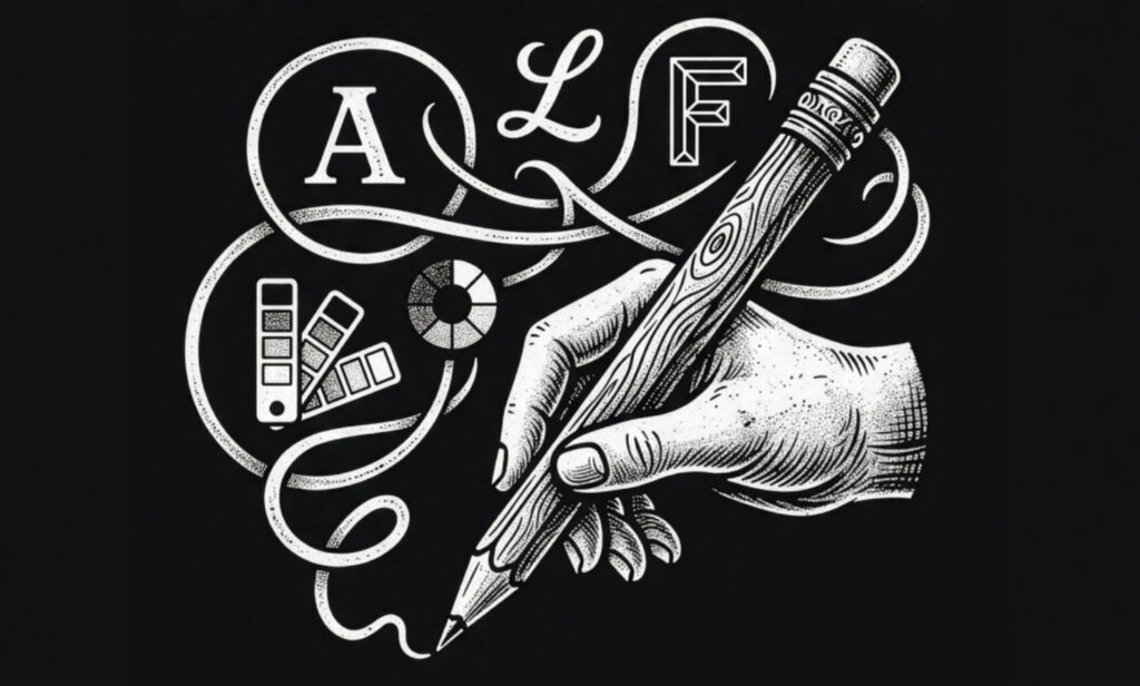 Black background with black and white, tattoo style design features. Hand holding large pencil, made to look like it is drawing swirling lines, varying font letters and colour wheels.