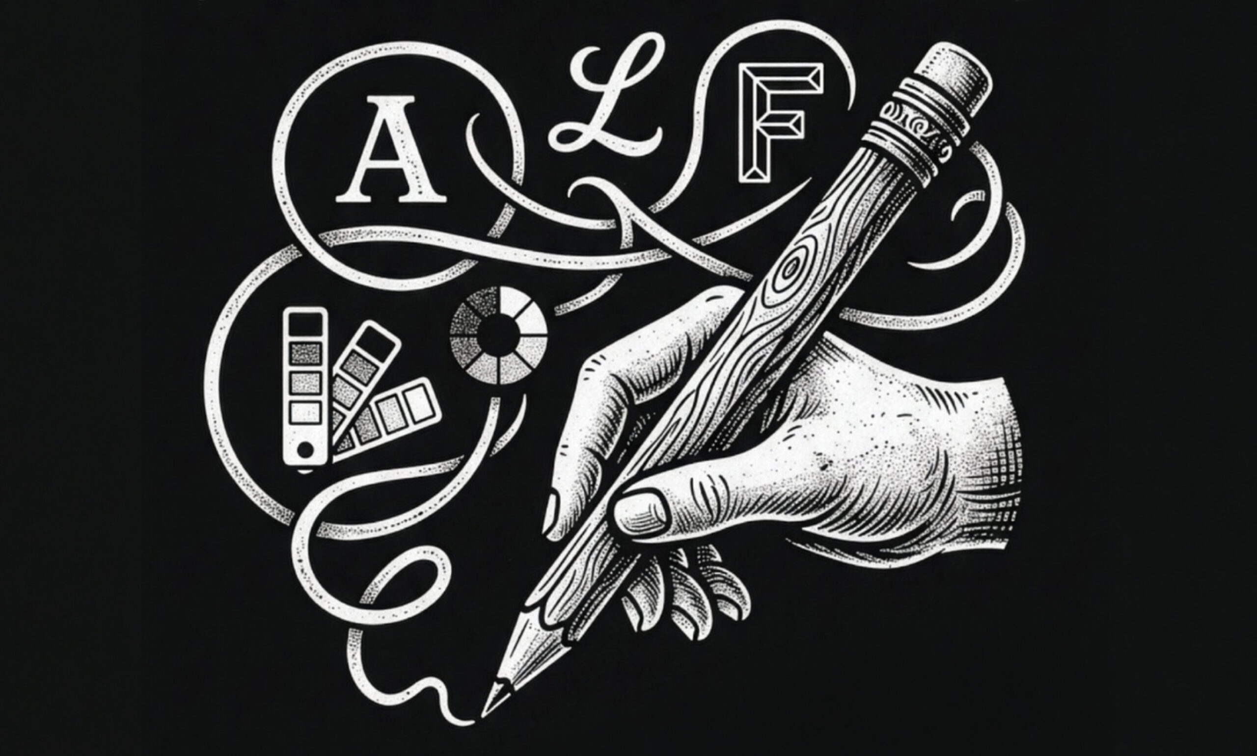 Black background with black and white, tattoo style design features. Hand holding large pencil, made to look like it is drawing swirling lines, varying font letters and colour wheels.