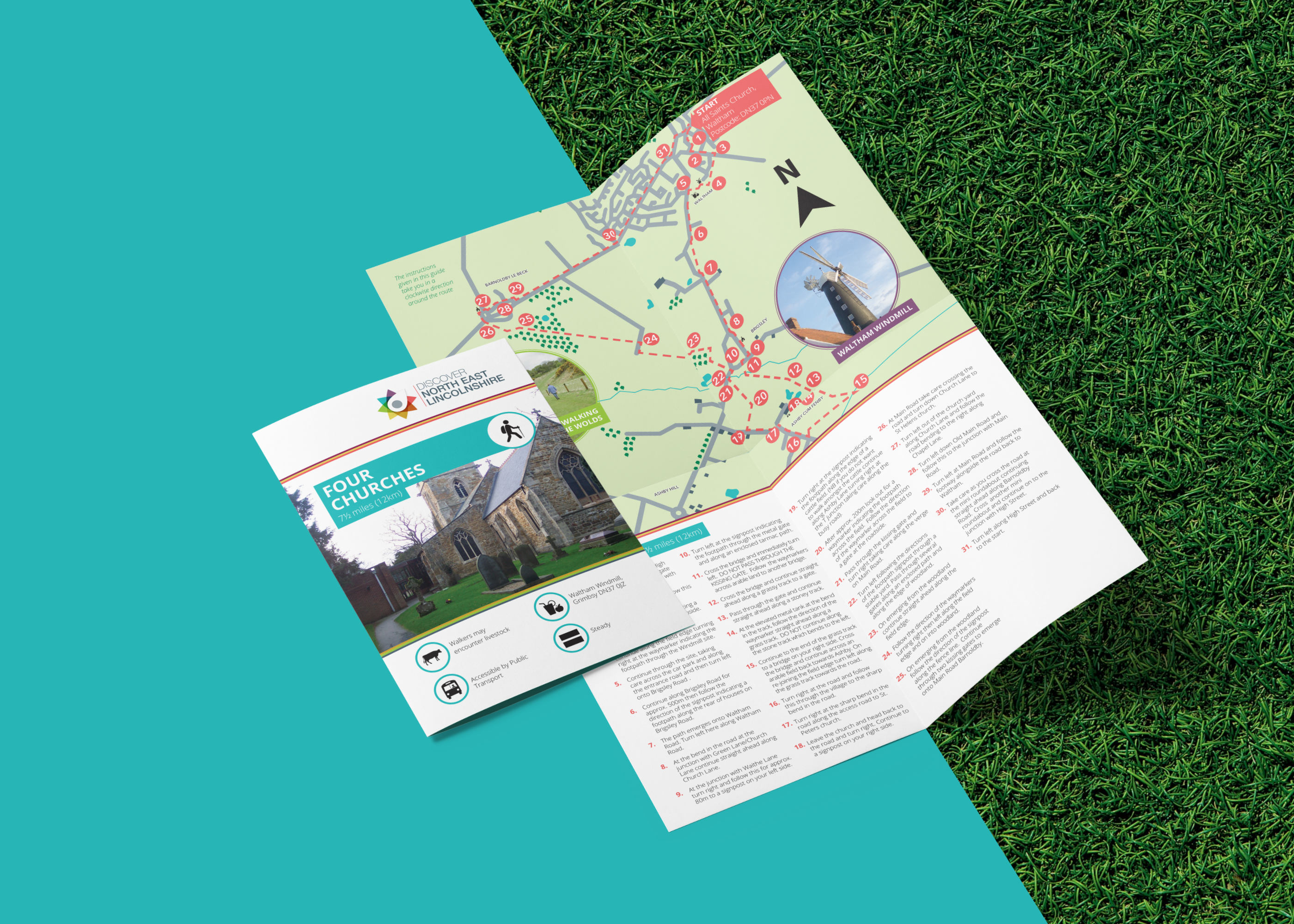 Four Churches walking trail leaflet displayed on a grass background, featuring a route map, local church landmarks, and visitor information. Designed to promote heritage tourism, countryside walks, and community engagement in North East Lincolnshire.